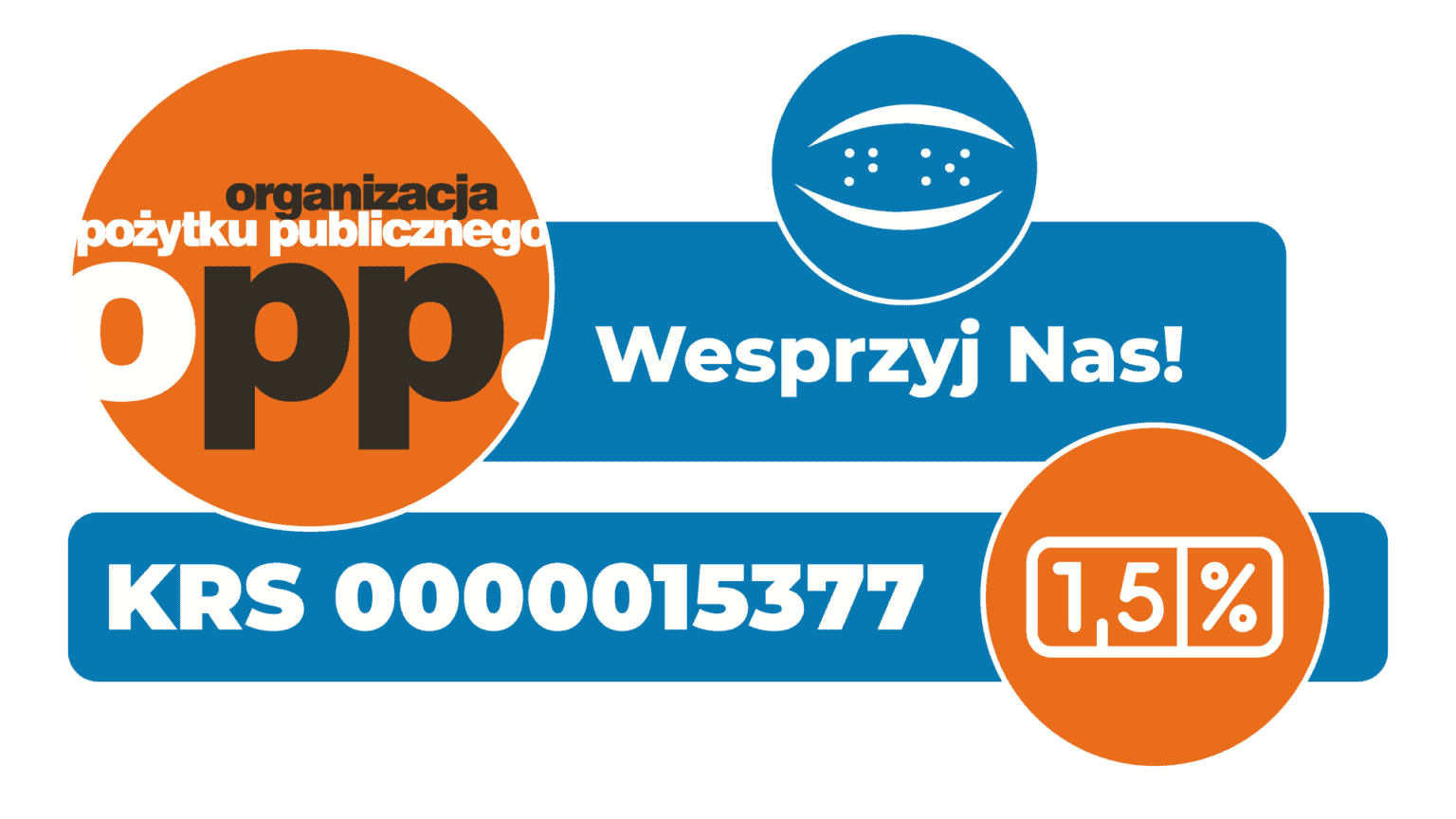 Grafika z polskim tekstem zachęcającym do wsparcia organizacji pożytku publicznego poprzez przekazanie 1,5%, z napisami "KRS 0000015377" i "Wesprzyj Nas!" na niebiesko-pomarańczowym tle.