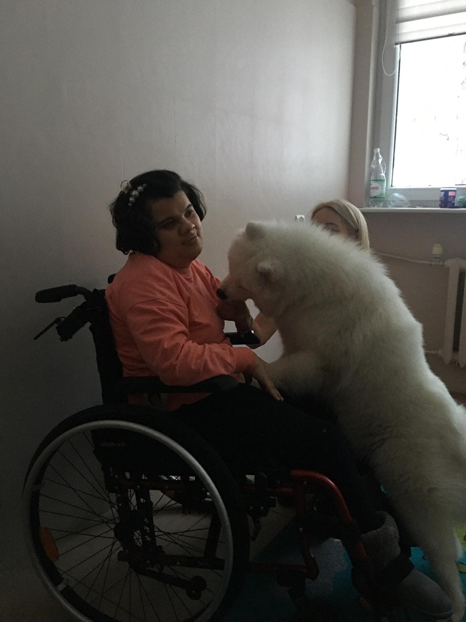 Osoba na wózku inwalidzkim wchodzi w interakcję z dużym puszystym białym psem, podczas gdy inna osoba jest częściowo widoczna w tle.