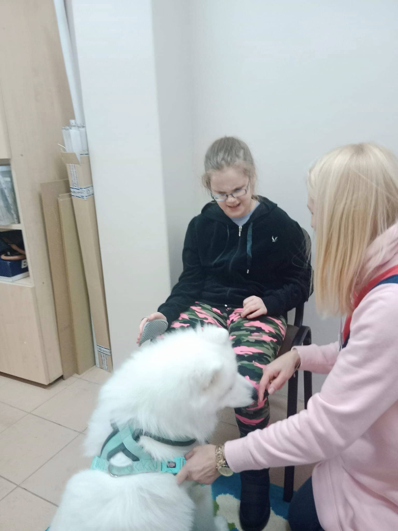 Kobieta i dziewczynka siedzą w pomieszczeniu z dużym białym psem w uprzęży; dziewczynka sięga w stronę psa.