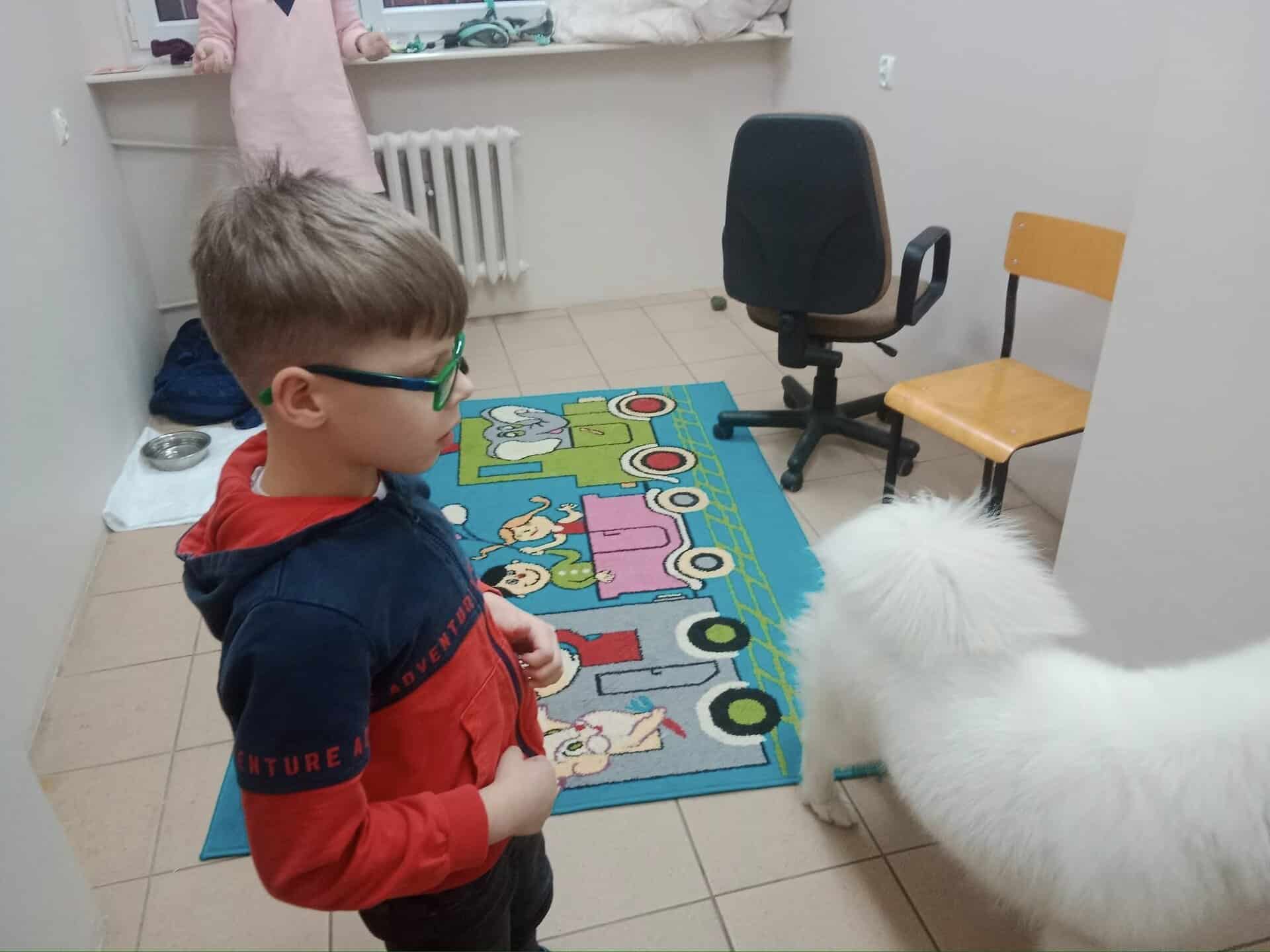 Chłopiec w okularach stoi obok białego puszystego psa na kolorowym dywanie w małym pokoju z krzesłami i oknem.