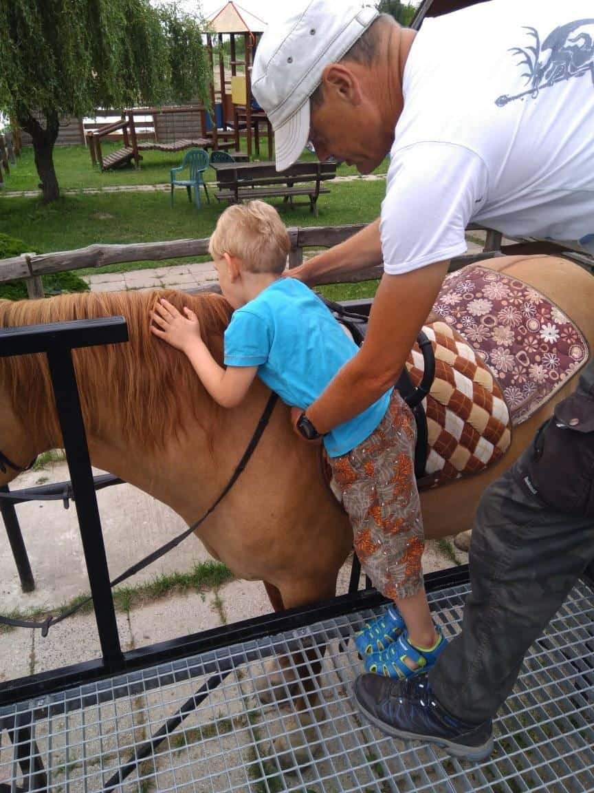 Dorosły pomaga młodemu chłopcu wspiąć się na osiodłanego konia za pomocą metalowej platformy na zewnątrz.