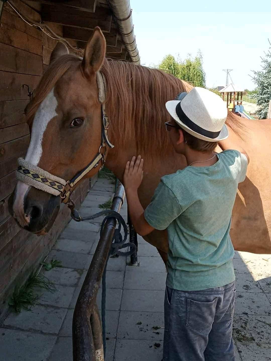 Chłopiec w kapeluszu i okularach przeciwsłonecznych stoi obok brązowego konia, delikatnie dotykając jego szyi w pobliżu drewnianej stajni w słoneczny dzień.