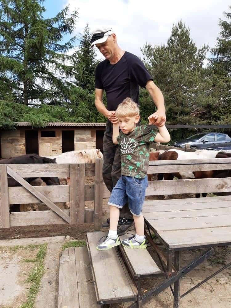 Dorosły pomaga młodemu chłopcu zejść po drewnianych schodach obok ogrodzonego terenu ze zwierzętami i zaparkowanym samochodem w tle.