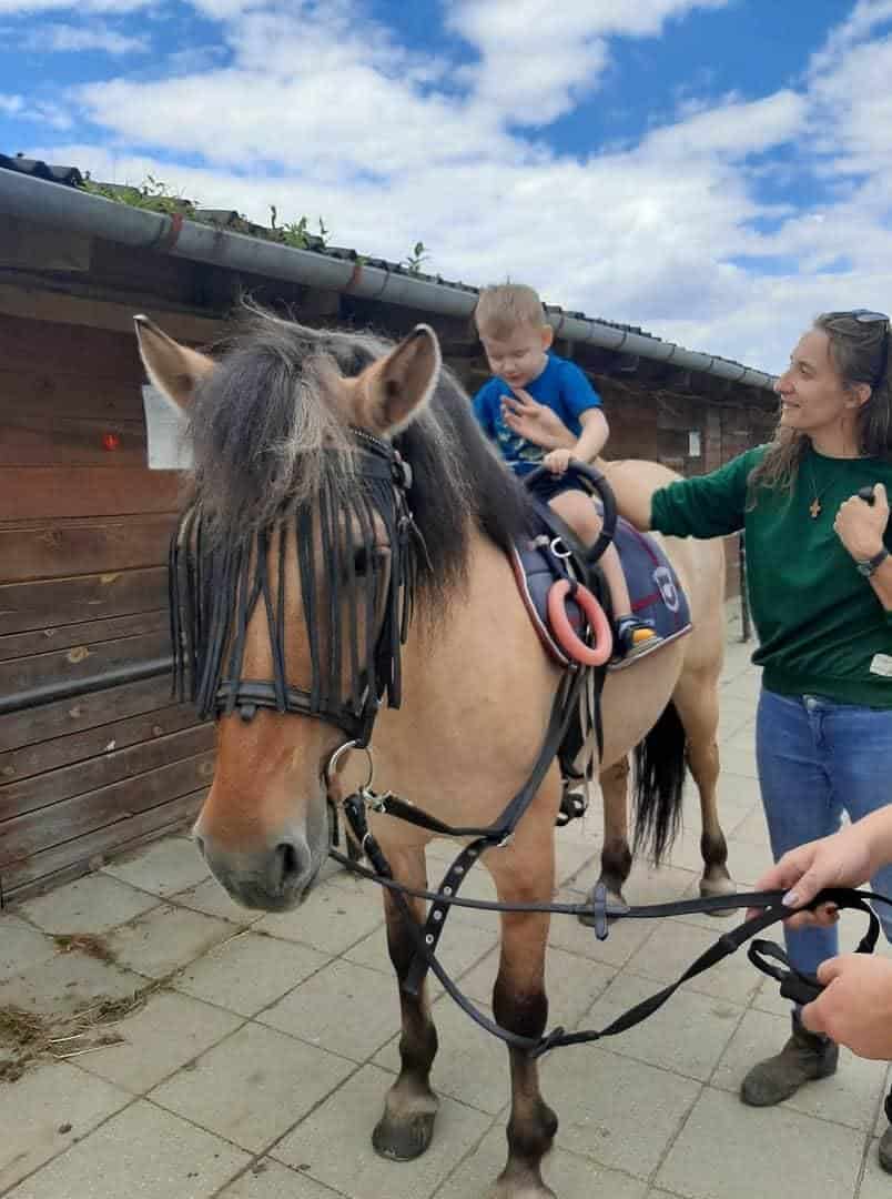Młody chłopiec siedzi na osiodłanym koniu w masce na muchy, podczas gdy kobieta stoi obok niego, trzymając go za ramię.