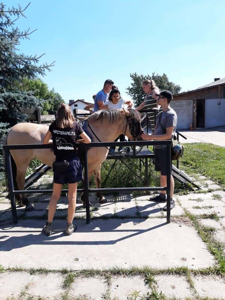 Pięć osób stoi wokół jasnobrązowego konia na ogrodzonym terenie w słoneczny dzień. Niektórzy głaszczą konia, a jedna osoba nosi koszulkę z napisem "HIPOTERAPEUTA.